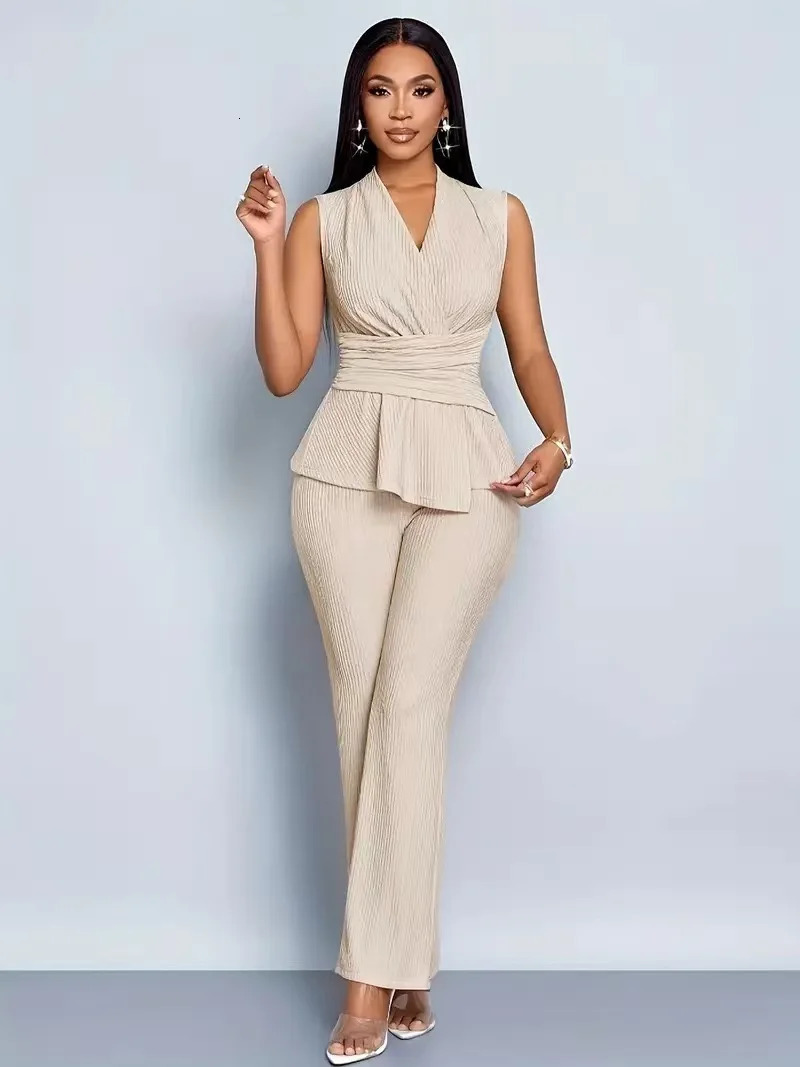 Women's Elegant 2 Piece Outfits Sleeveless V Neck Pleated Peplum Top And Straight Leg Pants Set Casual Office Workwear Matching 261016