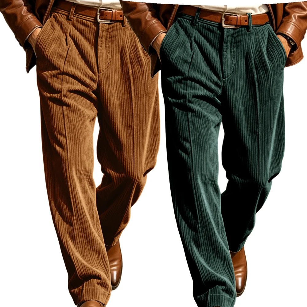 Mens Corduroy Dress Pants Relaxed Fit Casual Trousers Straight Wide Leg Business Office Work Slacks Warm Thick Outdoor 261016