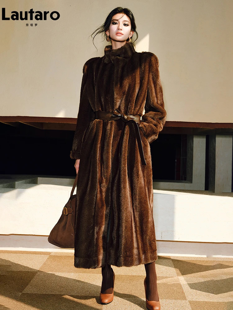 Lautaro Spring Winter Long Soft Thick Warm Brown Faux Mink Fur Coat Women y High Quality Elegant Chic Fluffy Overcoat 261015