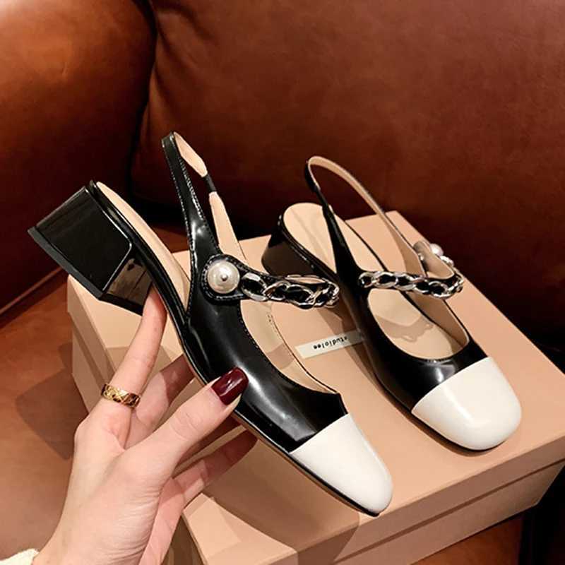 Mixed Color square toe sandals women elastic band summer mary janes shoes thick heels pearl chain shiny leather sandalias 2021 Q261015