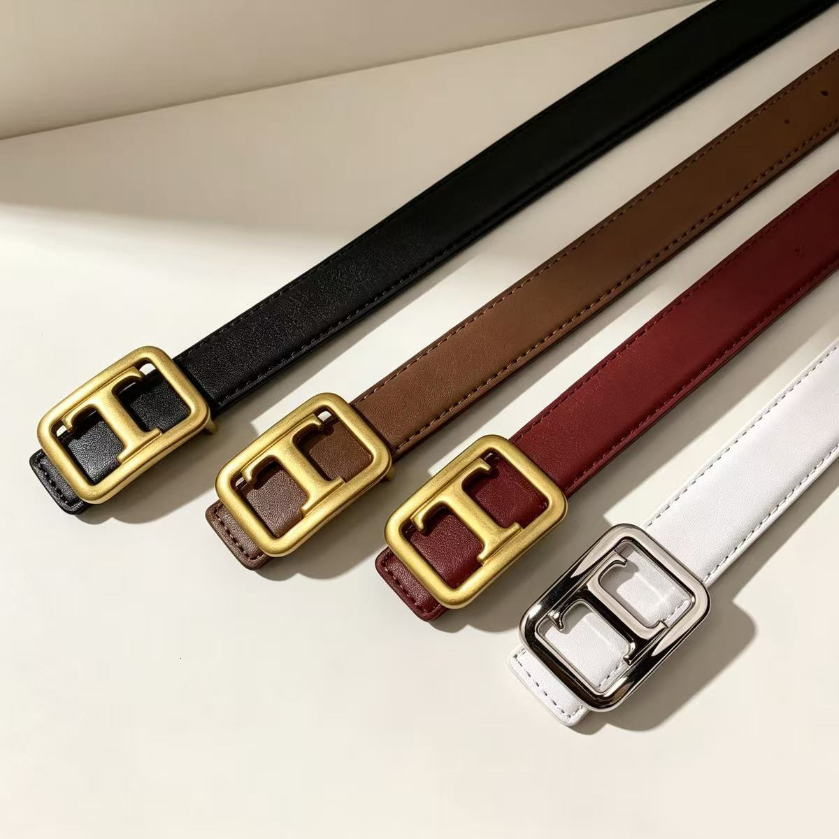 Designer Womens Multi Tone Faux Leather Belt Vintage Square Metal Pin Buckle Slim Waist Belt For Dresses Jeans Daily Casual Outfit Fashion Accessory