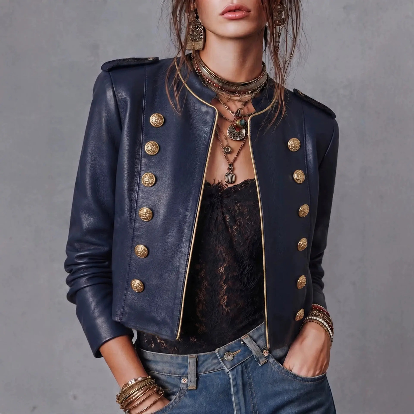 Women's Faux Leather Cropped Jackets Autumn Winter Coat Long Sleeves Stand Collar Double Breasted Casual Outerwear for Woman 261016