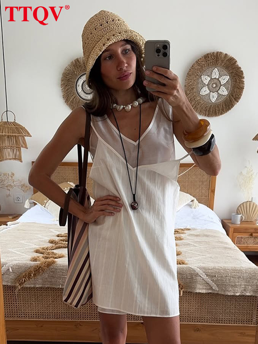 2026 Summer Loose White Women's Sexy V-Neck Long Sleeve Mini Dresses Elegant Strap With See Through Female Dress 2 Pieces