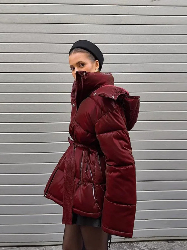 Shiny Stylish Women 's Winter Jackets Hooded Waist-Defining Belt Thicken Pockets Full Sleeve Padded Coats Lady Jacket For Women 261015