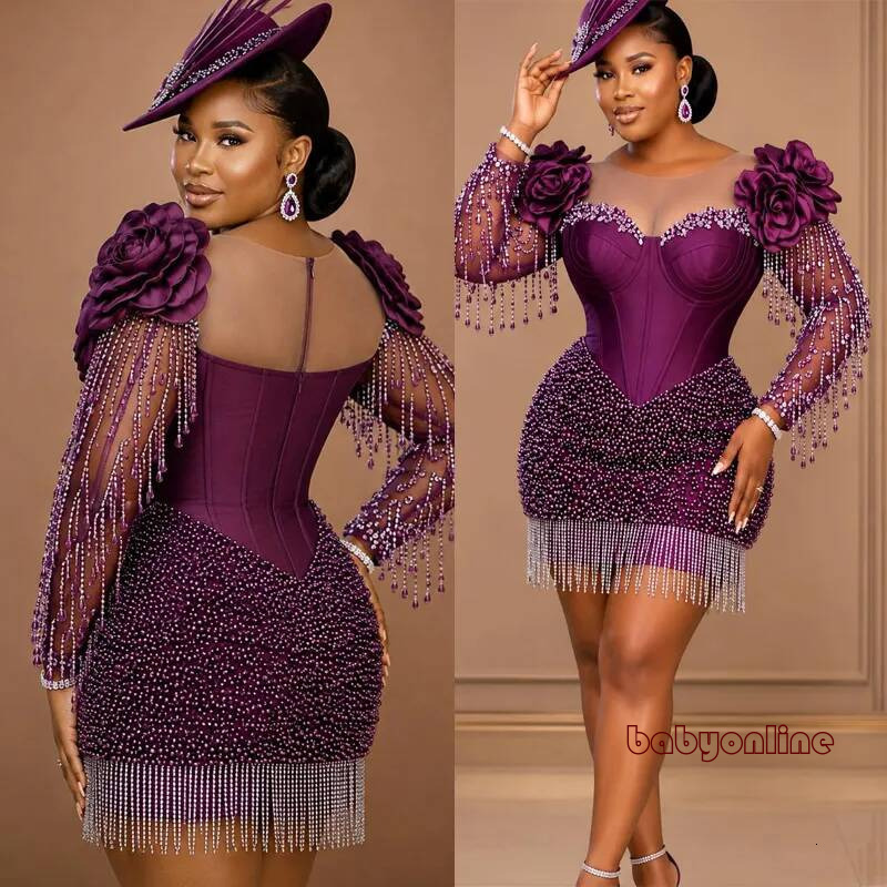 Plus Size Grape Cocktail For Women Short Prom Dresses Illusion Sheer Neck Flora Homecoming Crystal Pearls Pleated Beaded Lace Birthday Dress C553