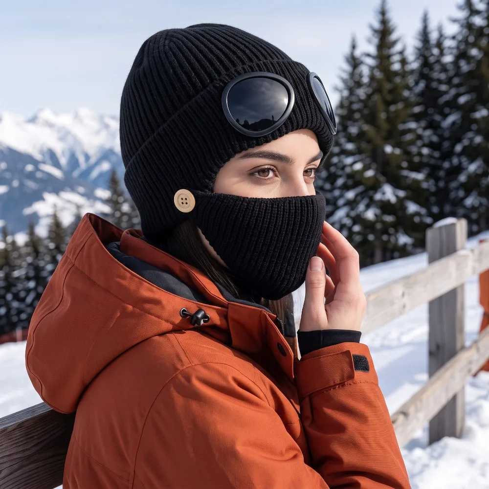 2026 New Unisex Men Women Knitted Hat with Goggles Windproof Winter Warmer Ski Beanies Soft Warm Anti-slip Ear Outdoor Sport Cap S261017J6F4