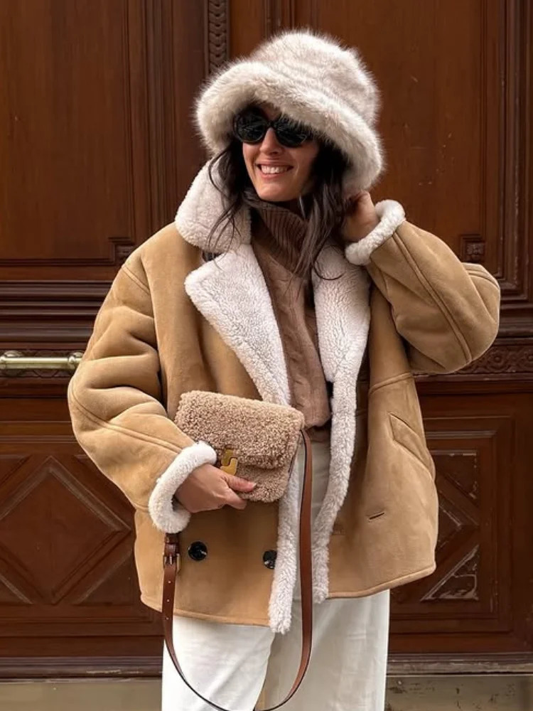 Fashion Lamb Wool Patchwork Suede Jacket Women Lapel Long Sleeve Single Breasted Loose Short Coat Winter Lady Street Outwear 261016