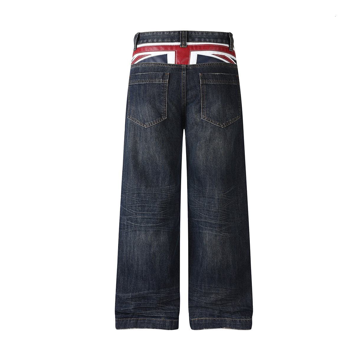 Men Loose Wide Leg Straight Jeans Washed Denim Pants American Street Style Union Jack Flag Leather Patch Design Casual Daily Wear Versatile Long Tro