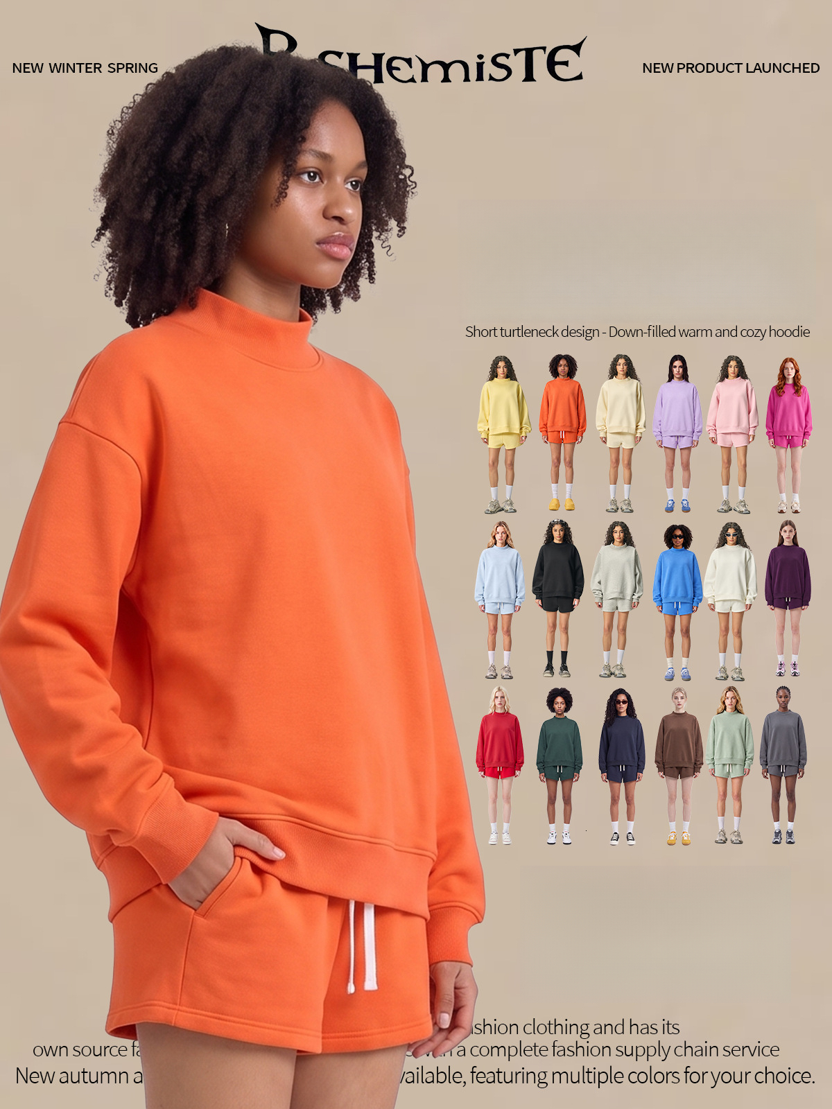 RS Women's Clothing| Dopamine Half-High Collar Fleece-Lined Sweatshirt for Women, Autumn 350G American Style Ins Round Neck Sweatshirt for Wome