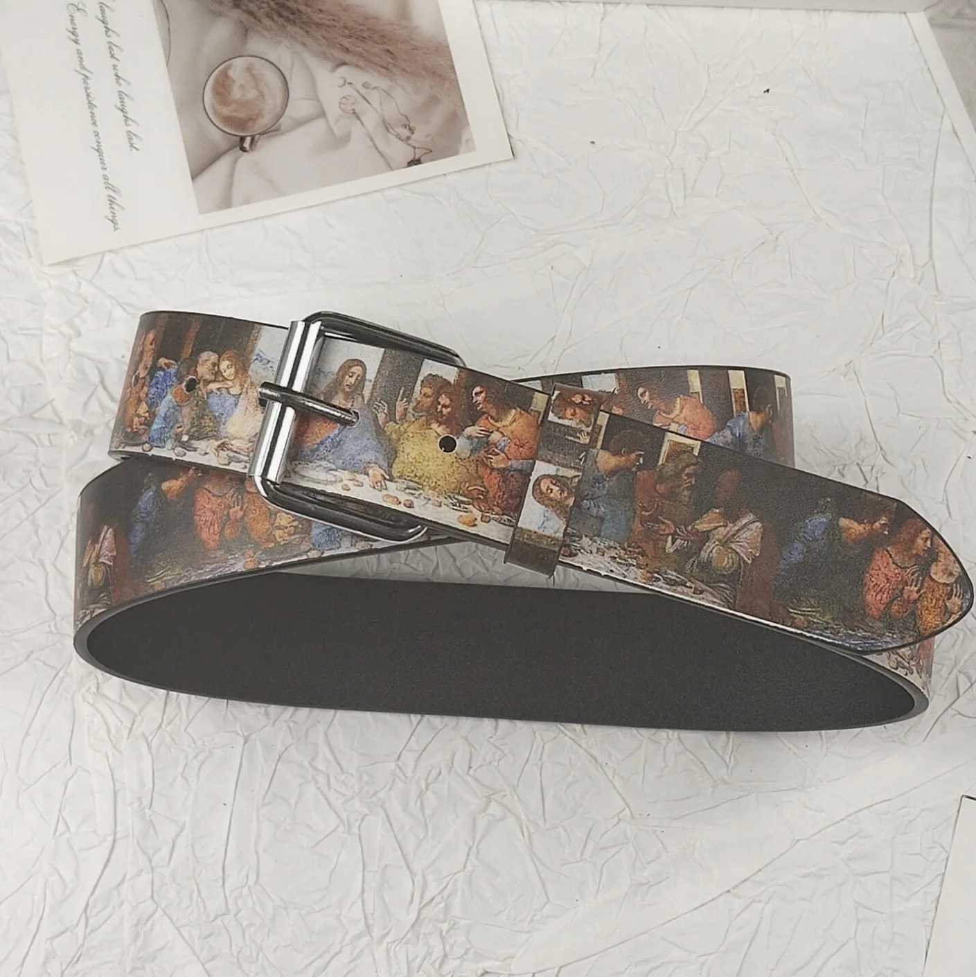Y2K Trendy PU Leather Belt with The Last Supper Painting Vintage Unisex Fashion Accessory Waist Belt Jeans Waistband Gothic S261017DDMZ