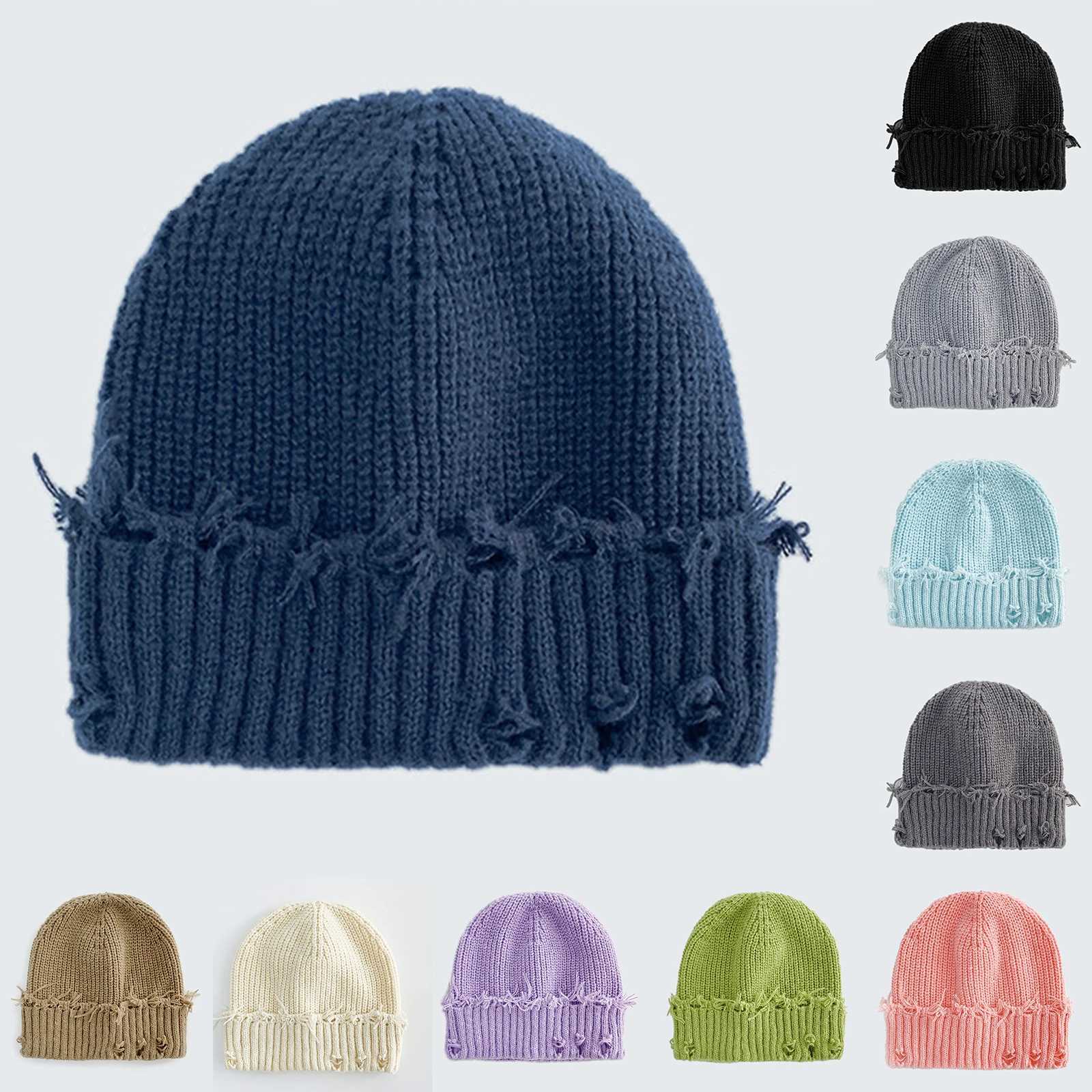Beanie/Skull Caps Winter Ripped Hip-Hop Hat Thick Warm Winter Elastic Loose Hat Fashionable Solid Color Windproof Skiing Cap Girl Pullover Caps Q261