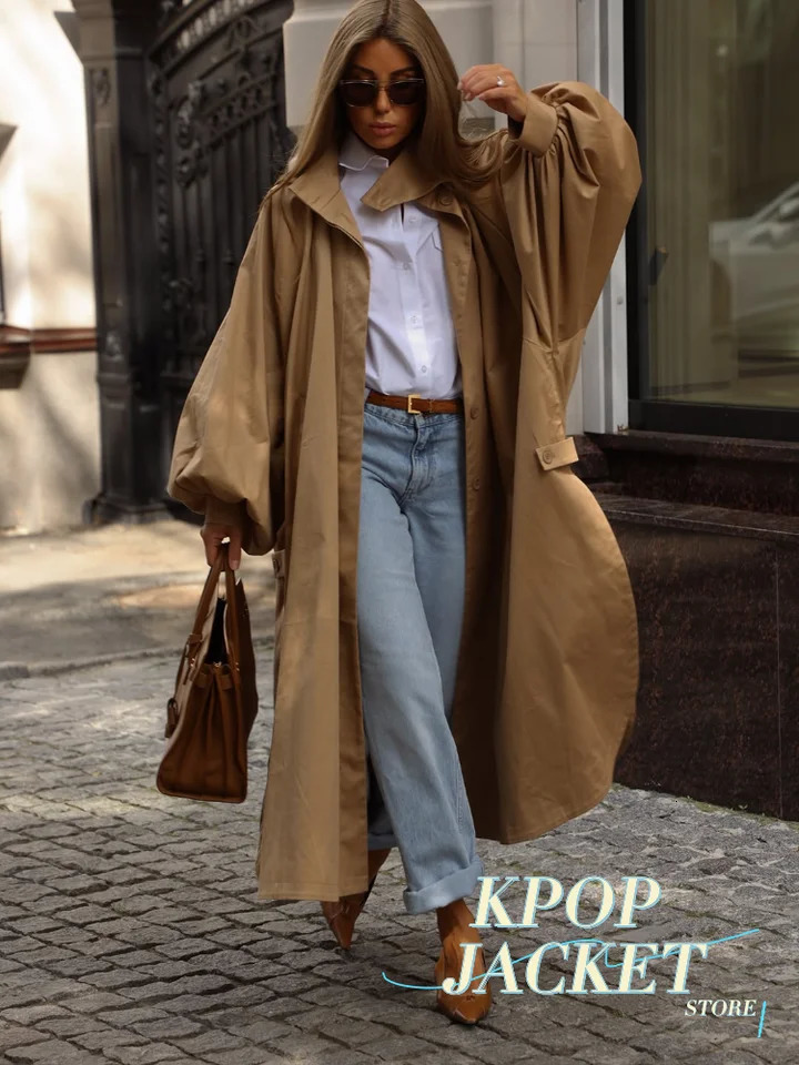 Women's Brown Stand Up Collar Long Trench Coat Lantern Sleeve Side Slit Loose Windbreaker 2026 Spring Autumn Fashion Coat 261015