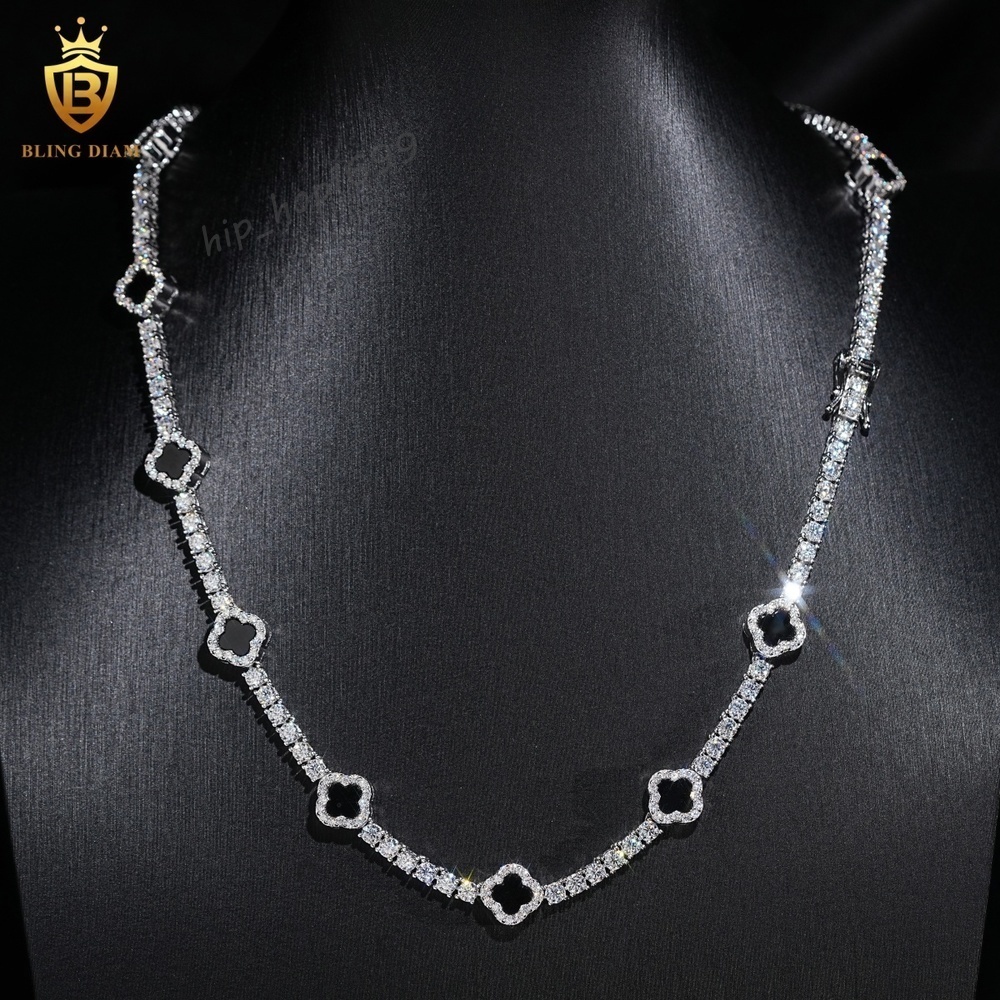 Black Clover 9mm Tennis Chain Necklace 925 Sterling Silver Chain Round Cut Moissanite Tennis Necklace Fine Jewelry Necklaces