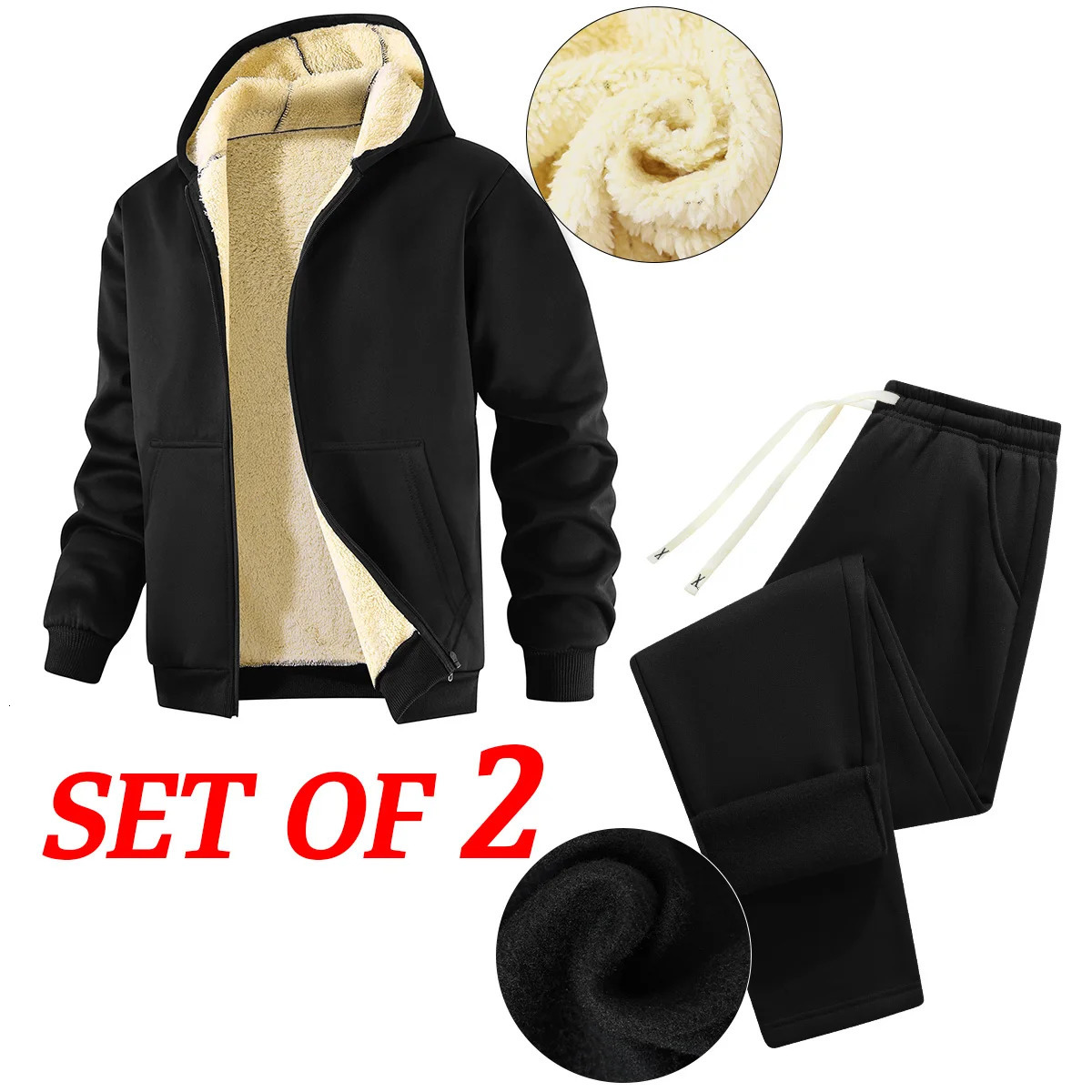 2Piece Set Autumn and Winter Mens FleeceLined Thickened Hooded Sweatshirt Jacket Casual Pants Comfortable Warm 261016