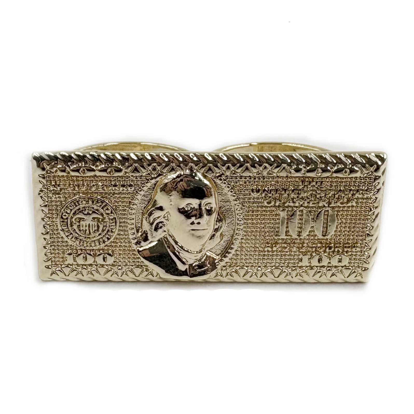 100 Dollar Bill 2 Finger Ring Heavy Rough Hip Hop Style 14K Gold Plated Big Size Mens Party Gift US Dollar Theme 261017