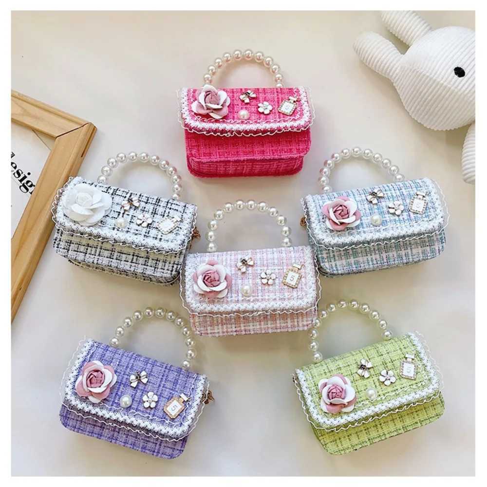 New Flower Decoration Small Square Bag Mini Pearl Handle Crossbody Bags Korean Style Shoulder Bag Children L261017TFF4