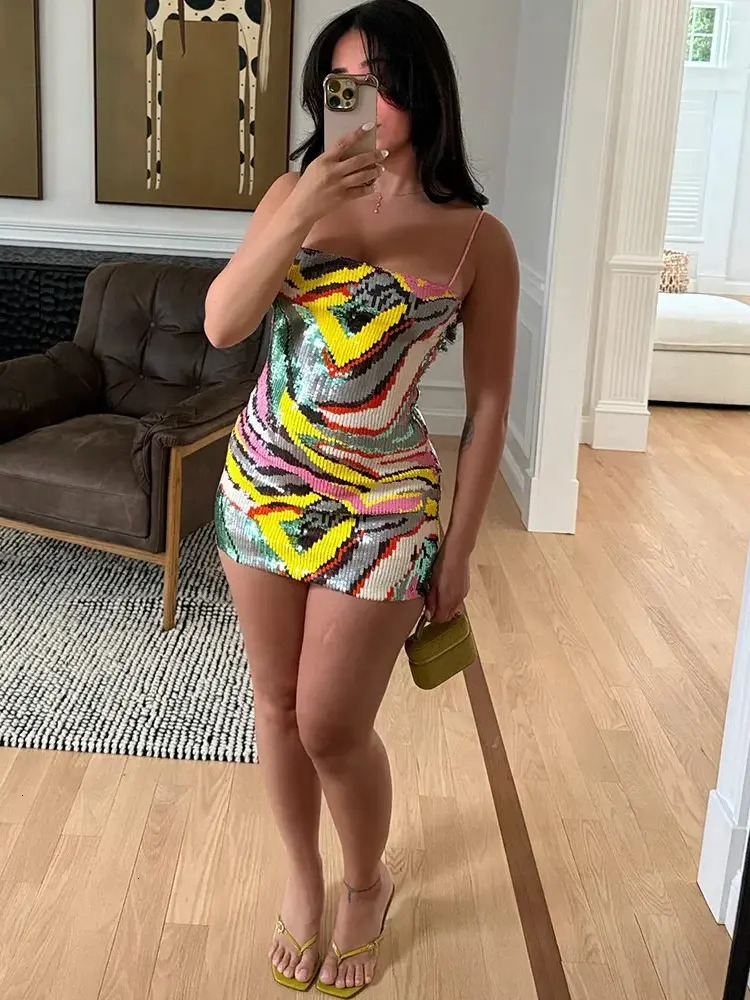 Women Casual Dress Weird Puss Sequin Patchwork everyday Sling Dress Woman Colorful Print Low Neck Backless Skinny Peach Hip Evening Party Sexy Mini