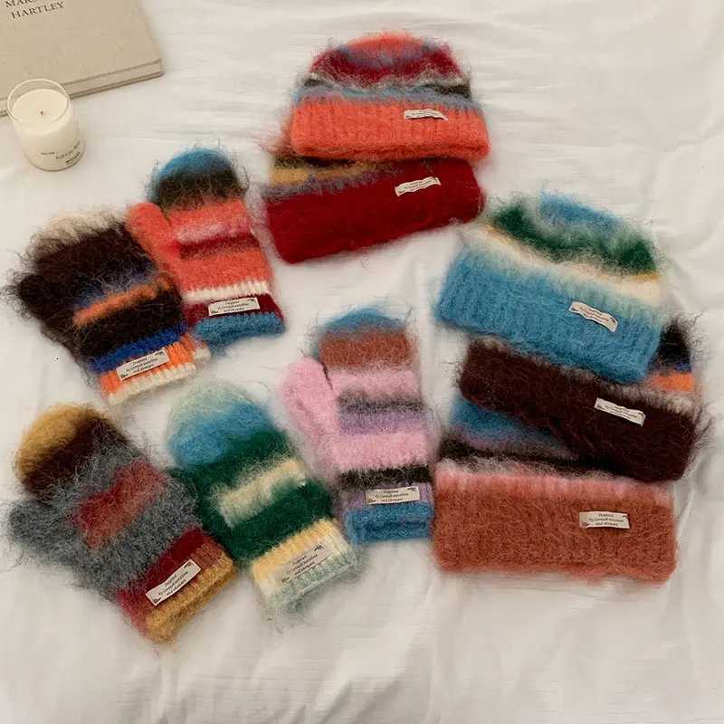 Beanie/Skull Caps Korean Rainbow Gradient Knitted Hat Glove Set Autumn Winter Women Cute Warm Plush Hat Gloves Soft Comfortable Wool Hat Gloves Q261