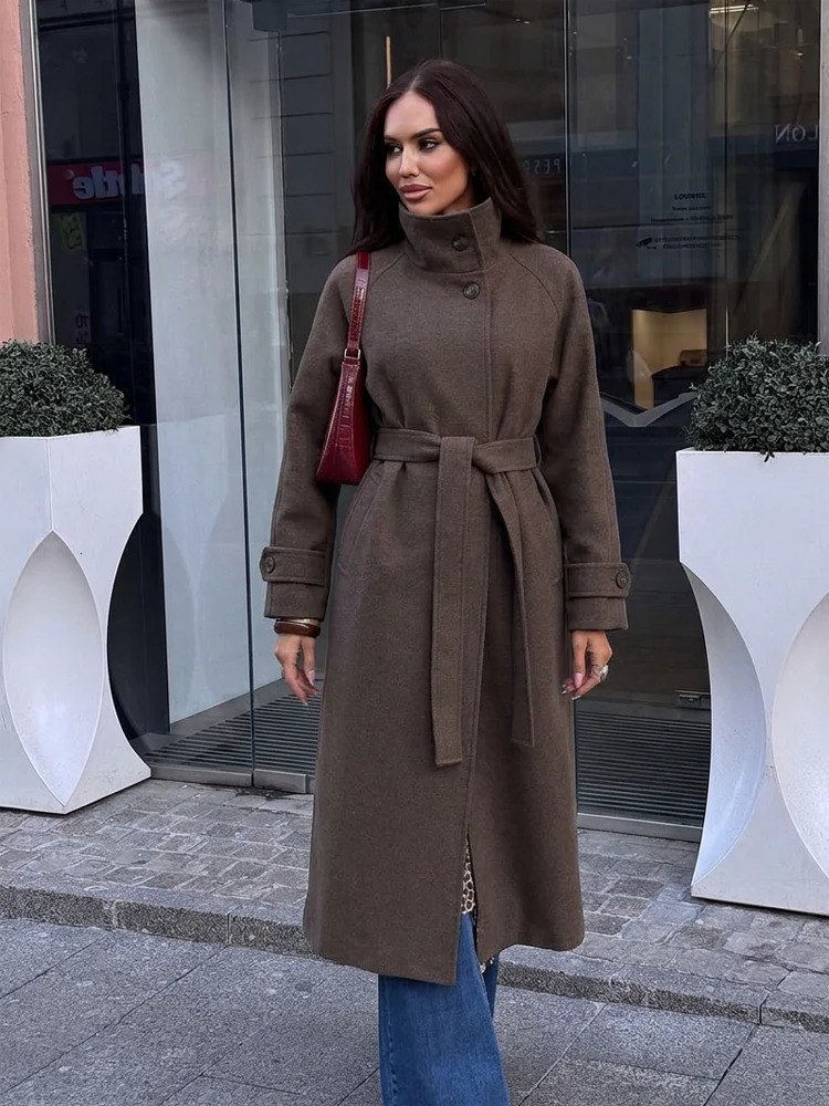 Women Dark Brown Stand Collar Belted Long Wool Blend Coat Waist Belt Lady Autumn Winter Street Chic Elegant Outerwear 261016