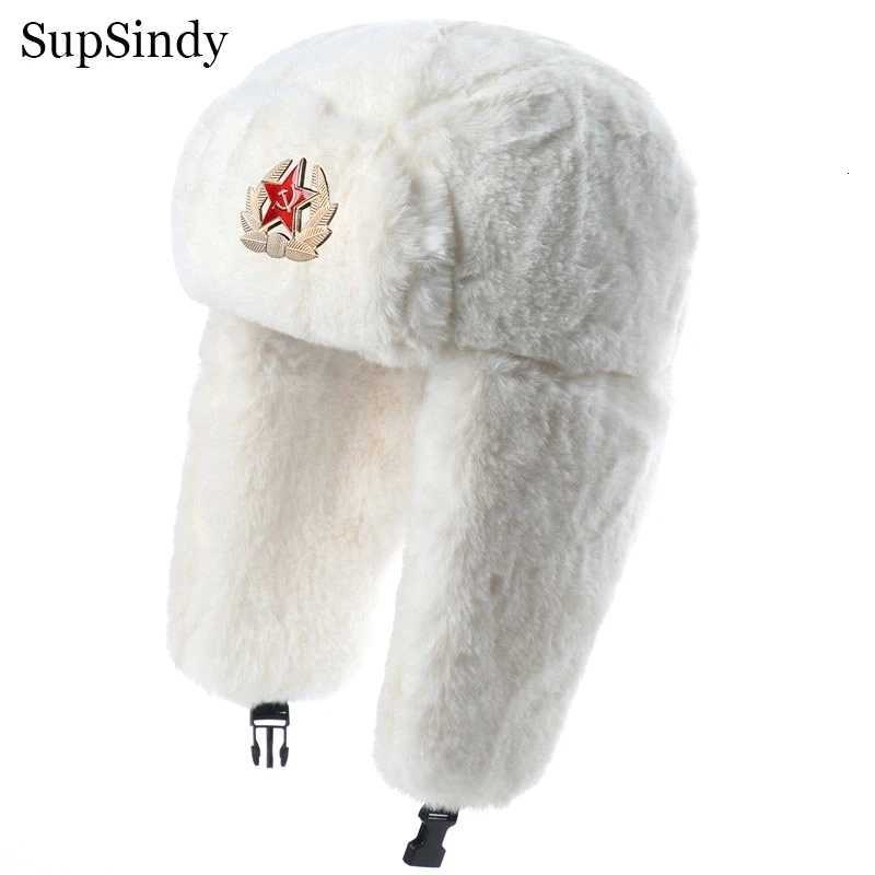 Trapper Hats SupSindy Winter Women Soviet Badge Bomber Hat Warm Faux Rabbit Fur Pilot Ushanka Windproof Thermal Earflap Hats For Men Ski CapsT261017