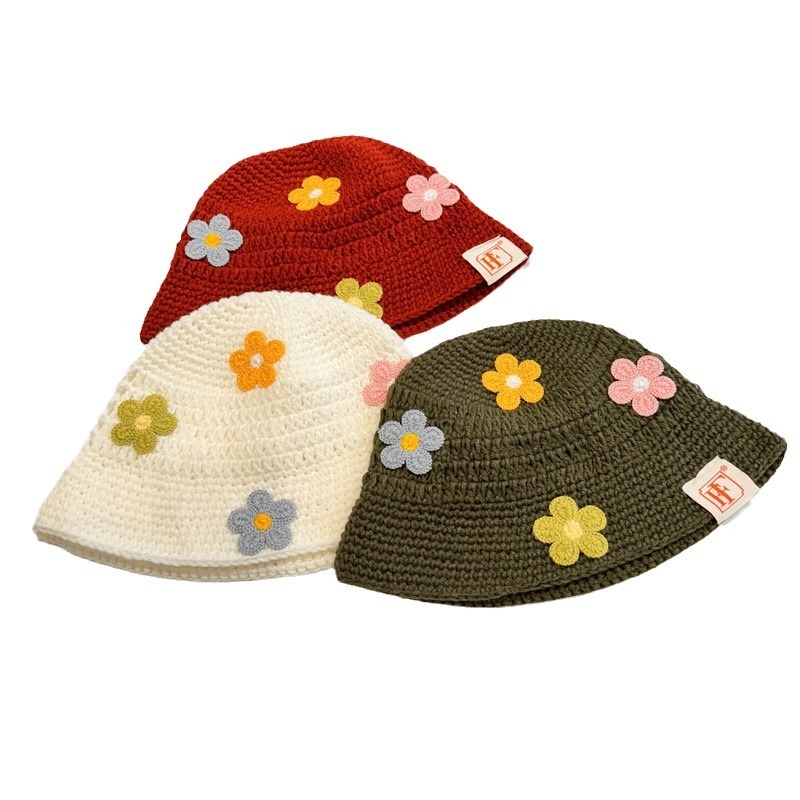 Japanesestyle sweet sunflower handmade crochet bucket for women casual and versatile with a red fabric label trendy knit hat