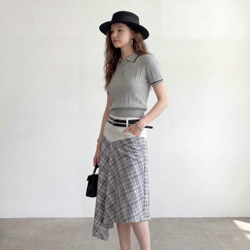 Designer Women's Merino Wool Polo Knit Top, Slim-fit Cropped Short Sleeve Solid Color Elegant Spring Workwear Blouse