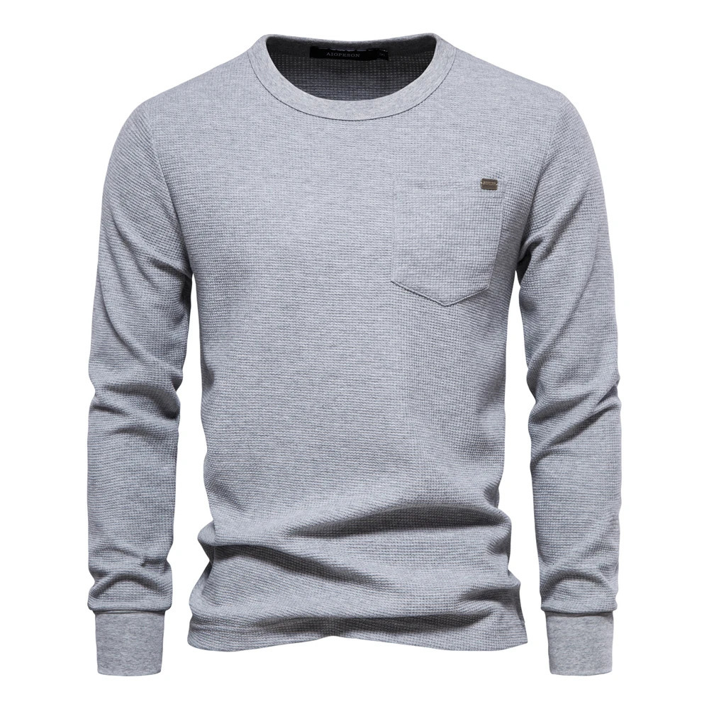 AIOPESON Waffle Cotton Solid Color Men Tshirts Single Pocket Long Sleeve Tee Shirts for Spring Basic Breathable Tops 261017