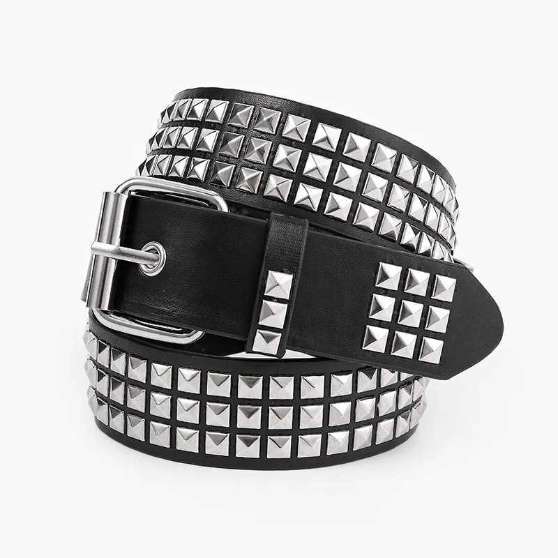 Fashionable Punk European American Pyramid and Square Bead Studded Leather Belt Trendy Niche Womens Pin-Buckle Belts S2610170EVO