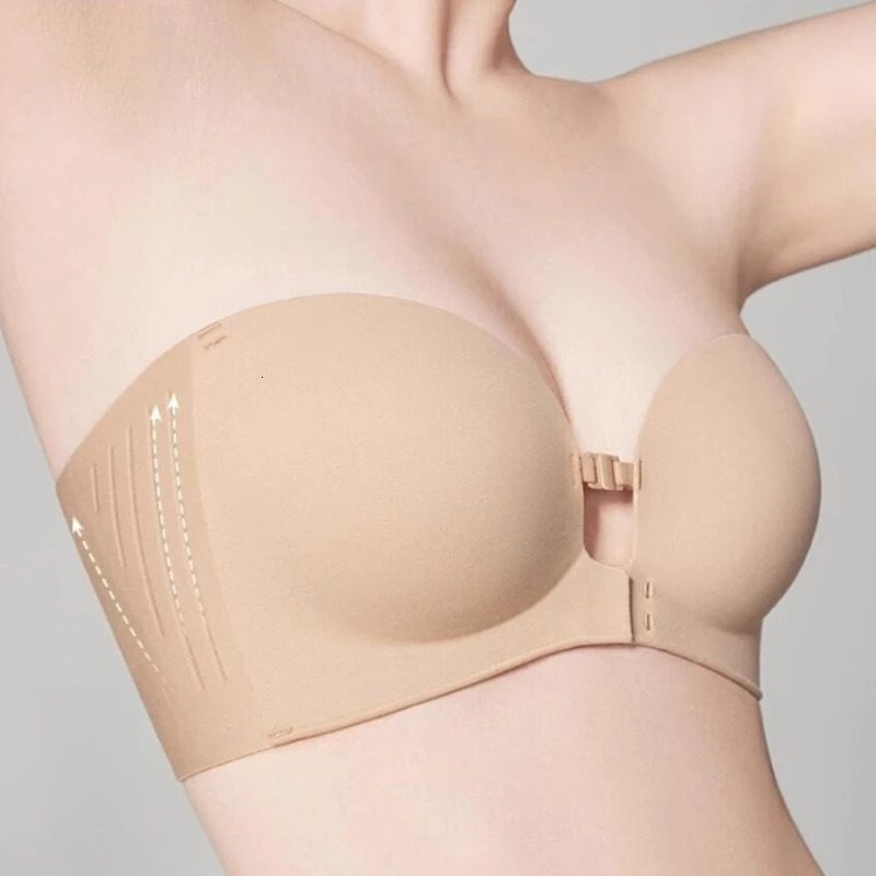 Front Closure Strapless Bras For Women Seamless Push Up Brassiere Thick Soft Underwear Solid Color Adjustable Invisible Lingerie 261016