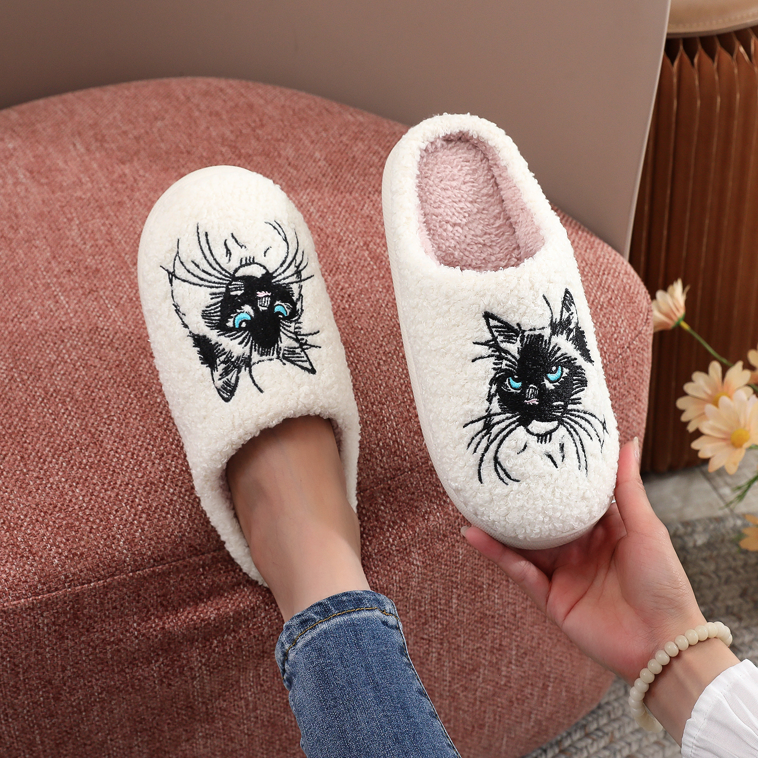 White Berman Pattern Embroidered Plush Home Slippers with Thick Soles, Comfortable Warm, Non-Slip Indoor Slippers, a Cute Gift Pet Moms, Suitable fo
