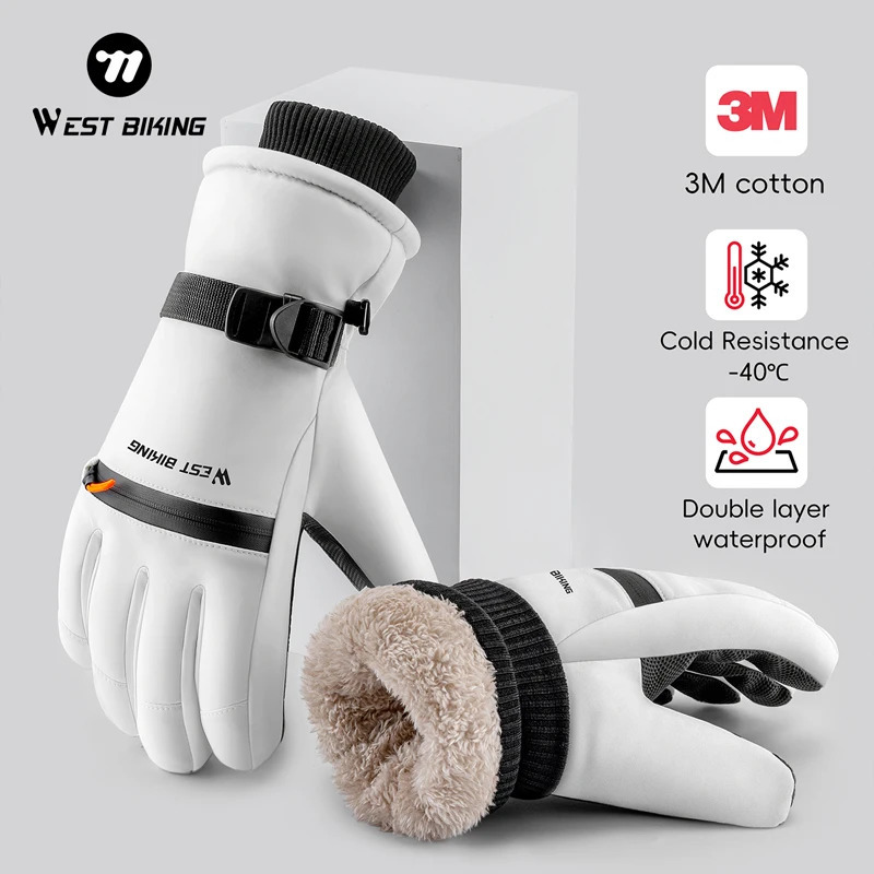 WEST BIKING Winter Ski Motorcycle Gloves Thermal Fleece Snowboard Waterproof Gloves Anti-Slip Touch Screen Biker Warm Gloves 261016