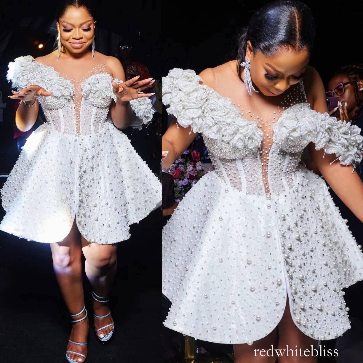 Aso Ebi Plus Size Ivory Mermaid Wedding Dress Sheer Neck Pearls Florals Beaded Short Sequined Bridal Gowns Dresses