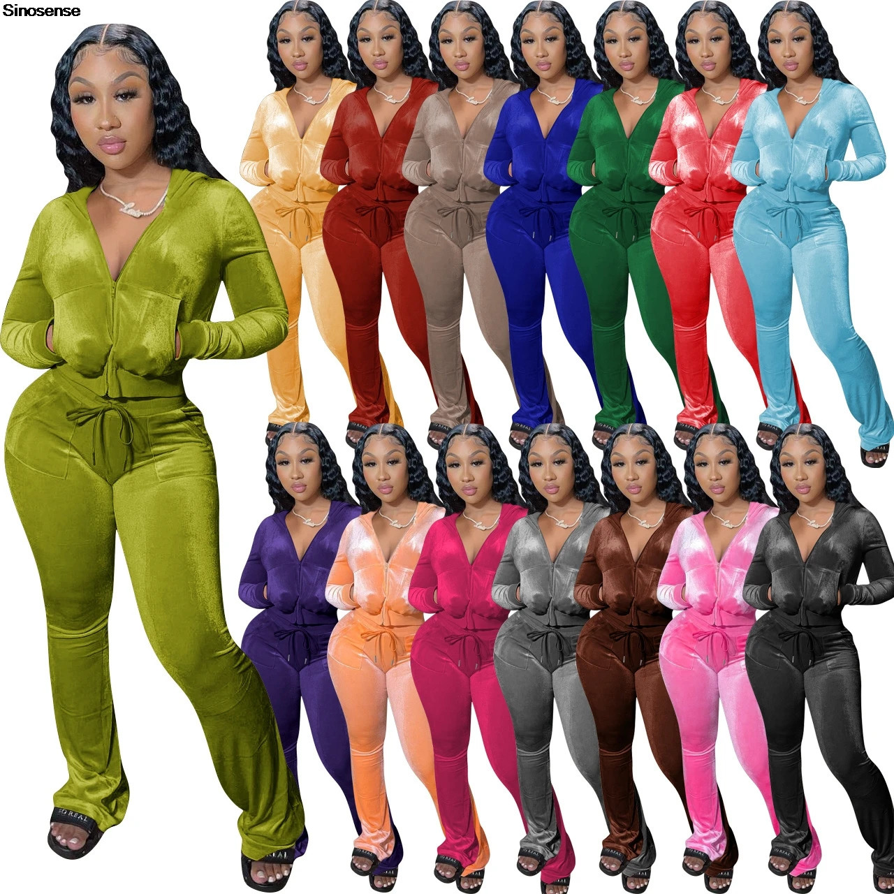 Women Autumn Two Piece Outfits 2 Piece Velour Tracksuit Velvet Sweatsuits Zip Up Hooded Jacket Bodycon Flared Pants Jogger Sets 261016