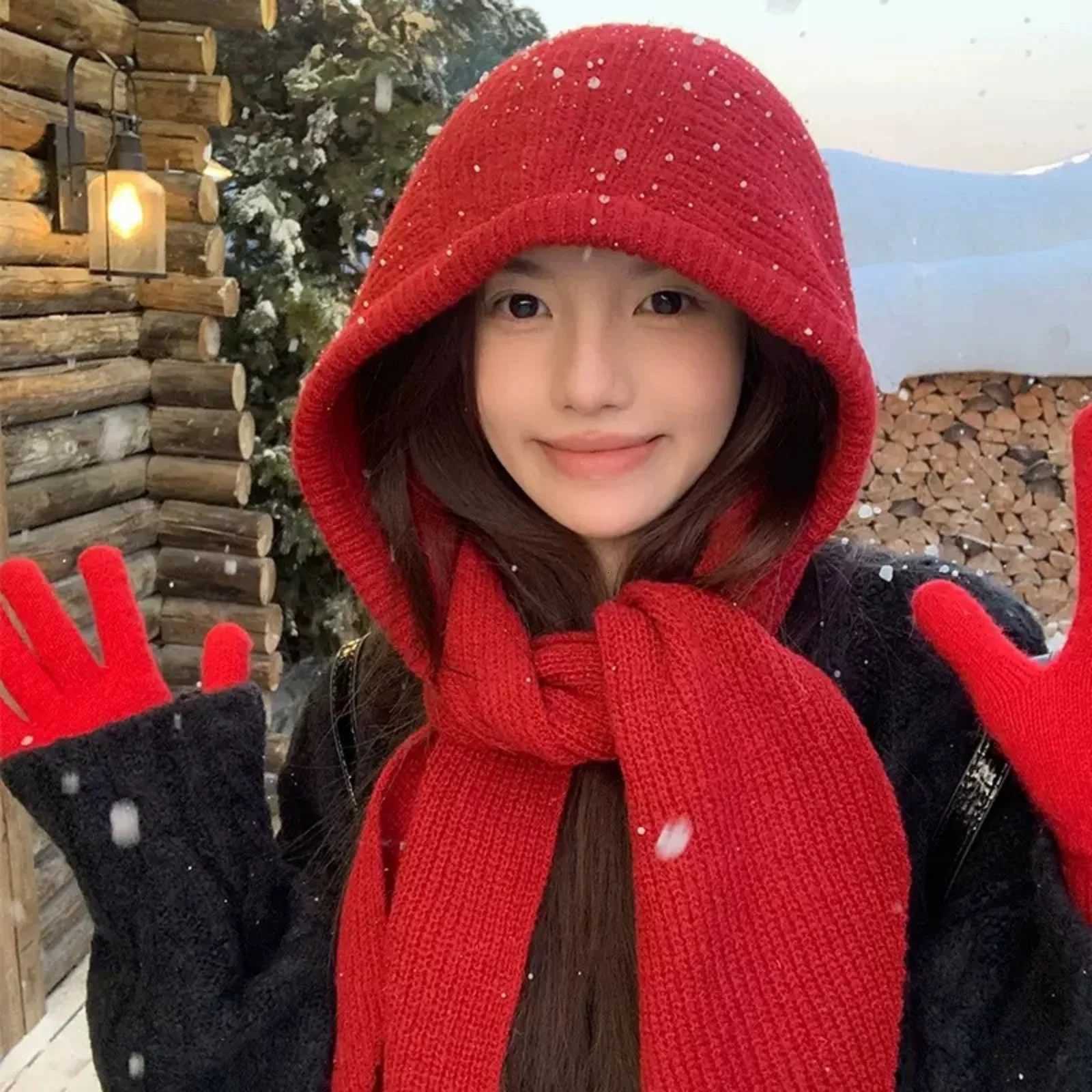 Beanie/Skull Caps Korean Balaclava Bonnet Women Skullies Beanies Hat Scarf One-piece Thickened Warm Neck Protection Winter Accessories Knitted Law Q