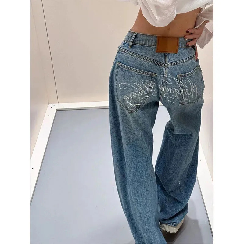 Gradient Spring Blue Jeans Women Y2K Vintage High Waisted Jeans Straight Streetwear Loose Large Wide Leg Denim Pants 261015