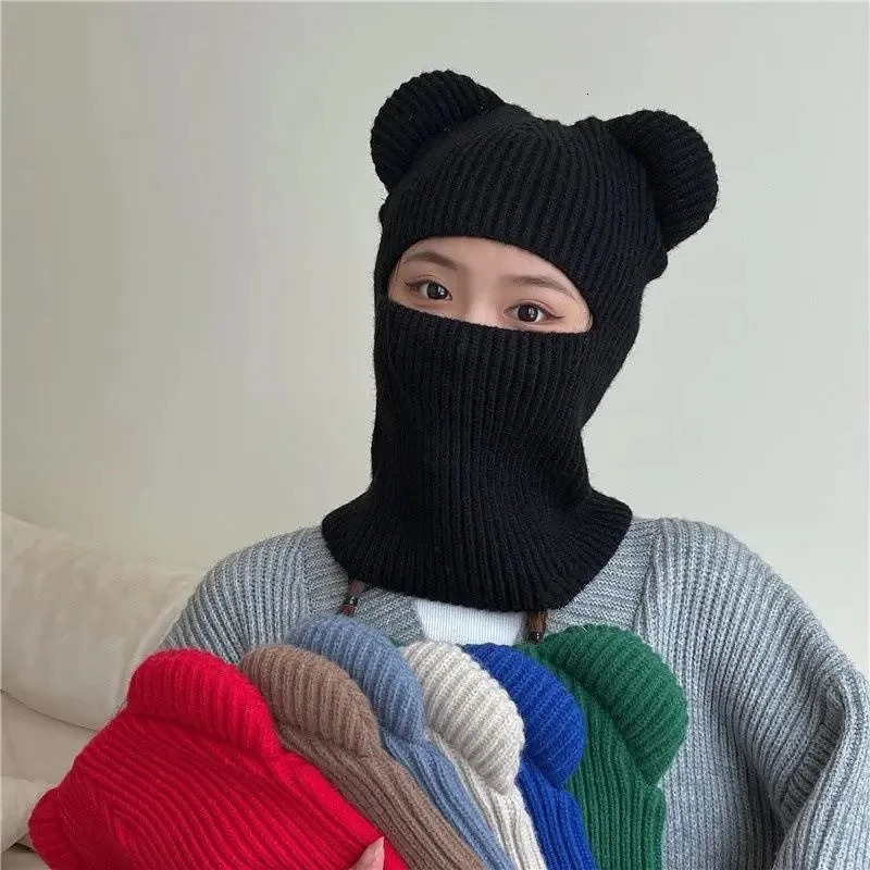 Warm Cycling Caps Winter Knitted Ski Scarf Hat Bear Ear Balaclava Hat Bonnets Beanie for Men Women Outdoor Sports Hooded 261017