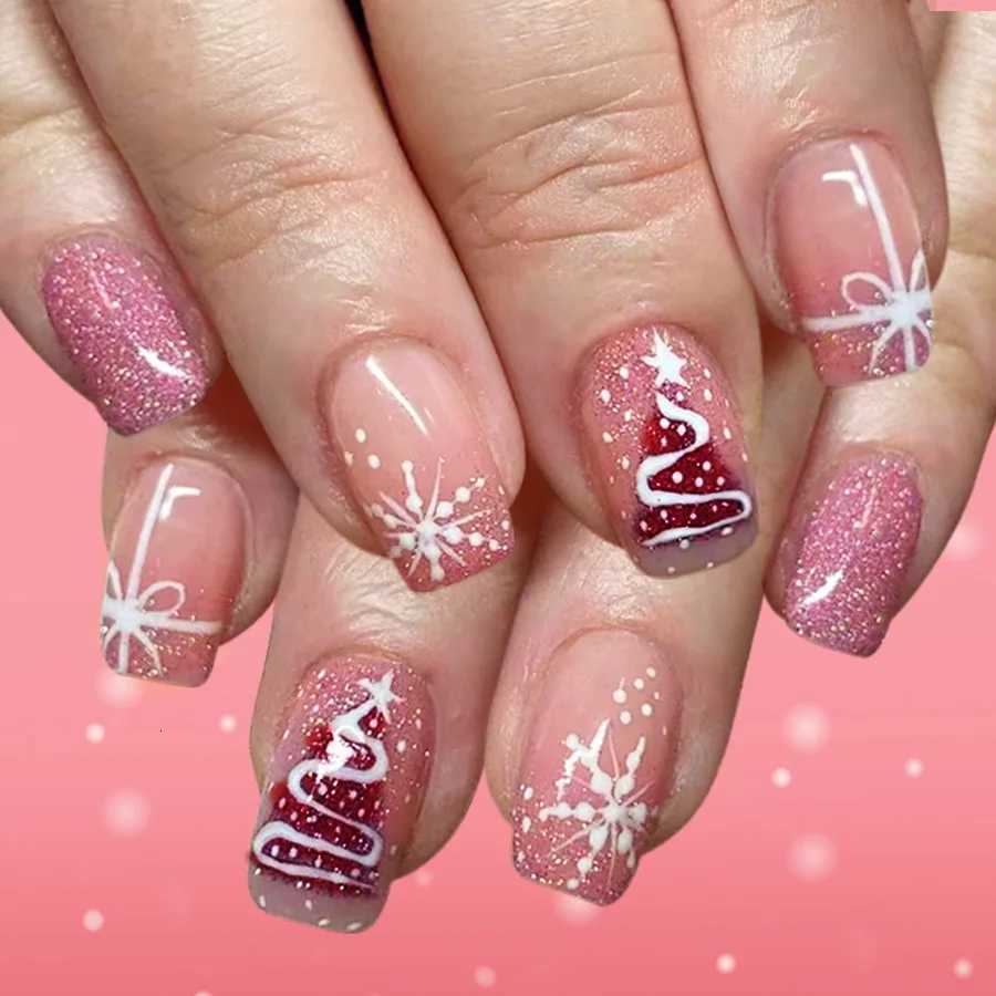 False Nails 24pcs Glitter Snowflake Full Cover Nail Tips Christmas Tree Pink Short Square False Nails Bow Press on Nails Wearable Fake Nail Q261017