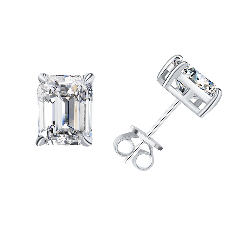 S925 Sterling Silver D Color Moissanite Stud Earrings Emerald Cut Square Shape