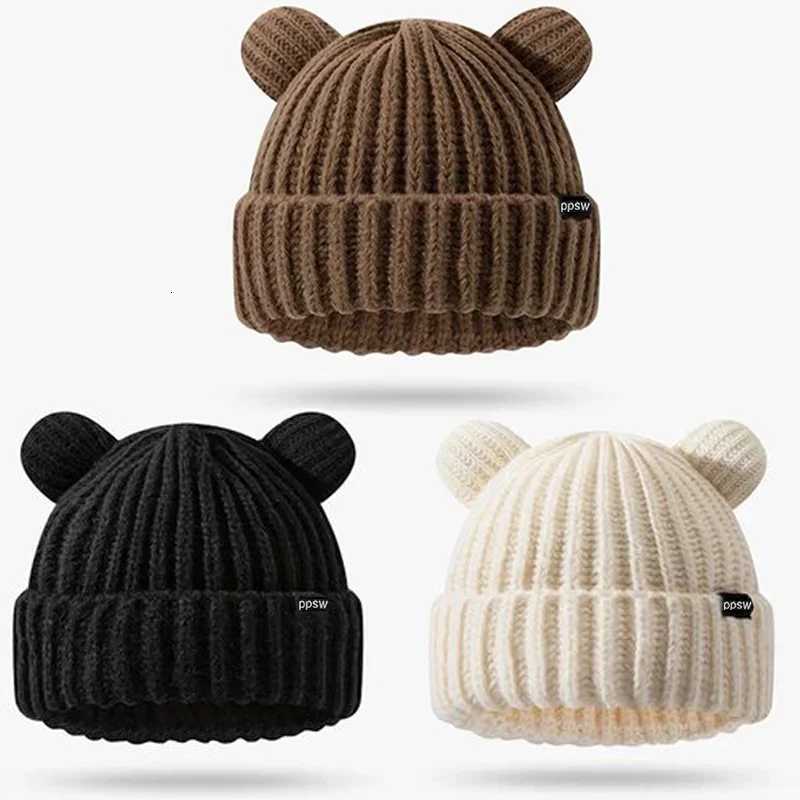Beanie/Skull Caps Y2K Sweet Bear Ears Thicken Knitted Hats Women Girls Soft Plush Head Protection Beanies Cute Harajuku Gothic Korean Version Caps Q