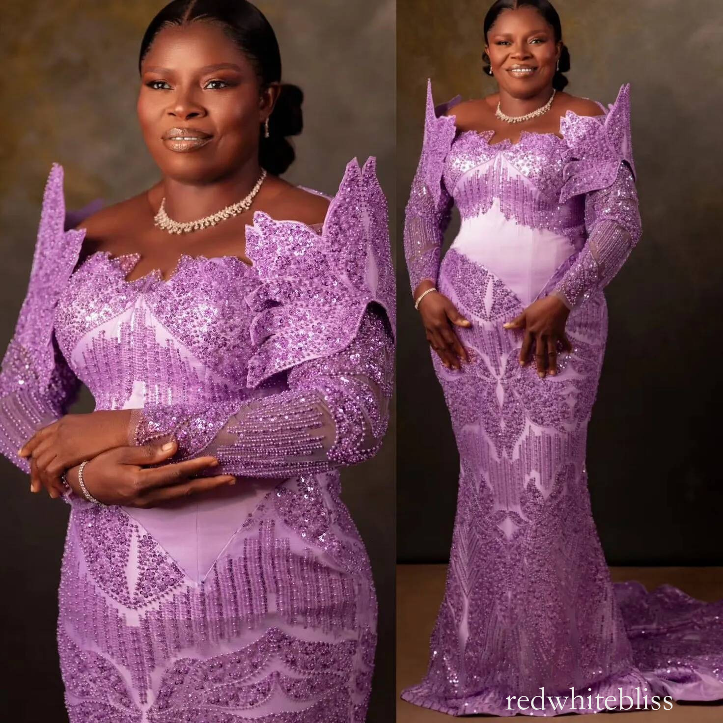Plus Size Lilac Mermaid Mother of Bride Groom Dresses Sheer Neck Florals Sequined Evening Party Mamas Dress Vintage 50s Birthday Wedding Guest Mothe
