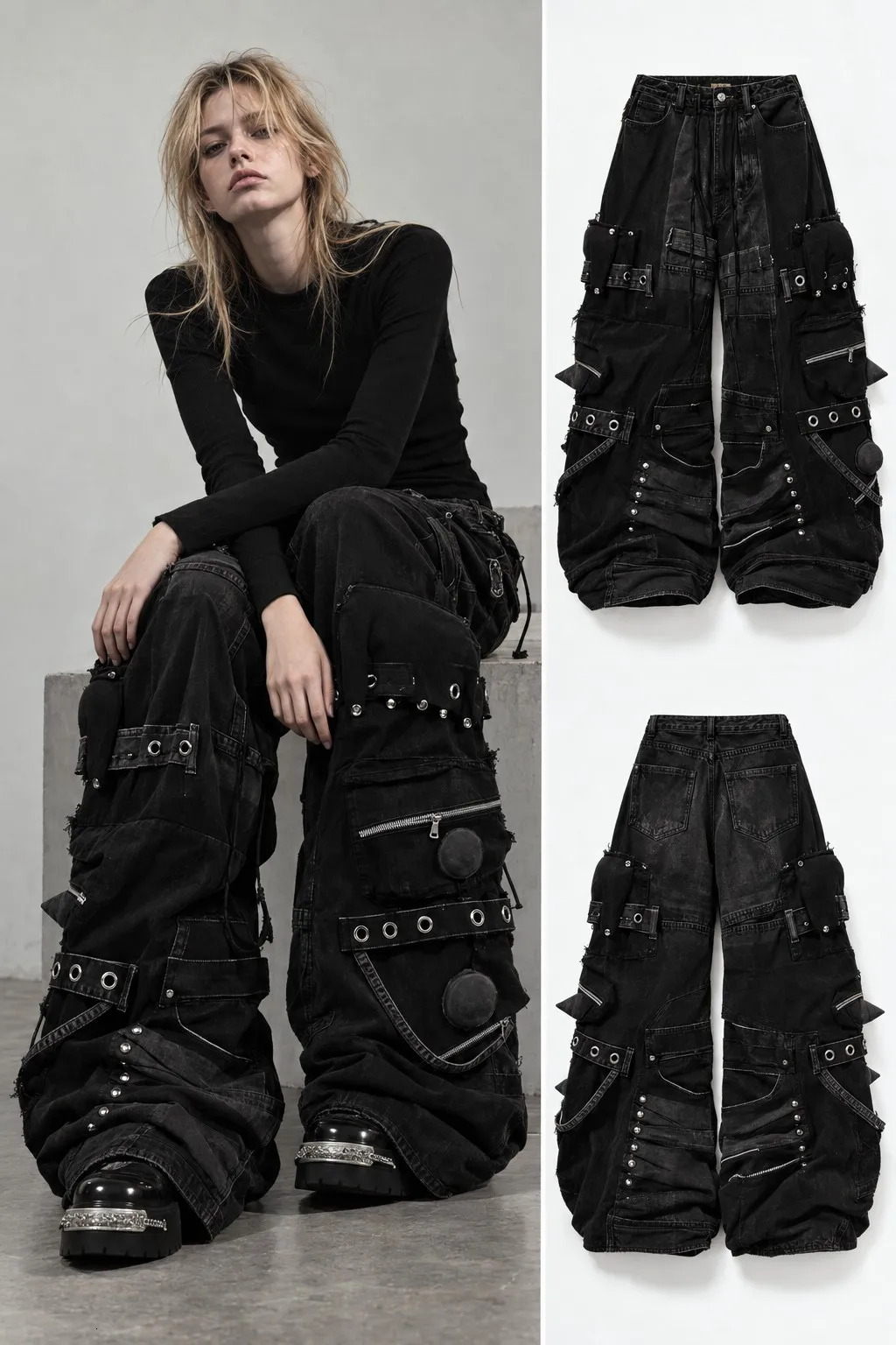 Mens Womens Black Wide Leg Jeans Multi Zipper Heavy Grommet Strap Detail Streetwear Casual Fashion Pants Loose Fit Soft Y2K 261016