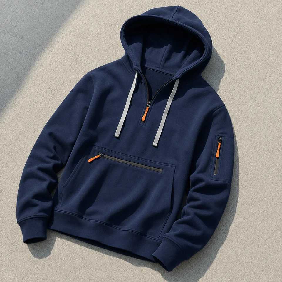 Men Casual Half Zip Hoodie Solid Color Long Sve Pullover Multi Pocket Outdoor Sports Streetwear Fashion Sweatshirt Trendy Top S261017D5HN