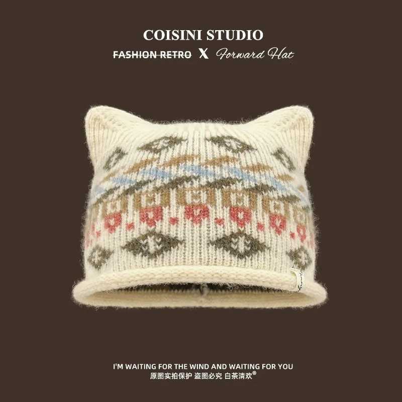 Beanie/Skull Caps Cute Cat Ear Fair Isle Knit Beanies for Women Vintage Ethnic Geometric Jacquard Knitted Hat Warm Winter Soft Skullcap Streetwear Q