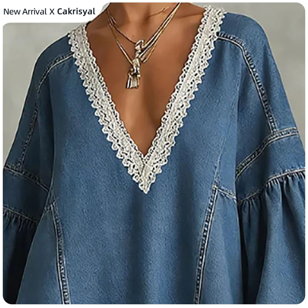 Women's Loose Denim Mini Dress Elegant V Neck Lace Trim Long Puff Sleeve Ruffle Hem ALine Jean Casual Streetwear Dresses 261015