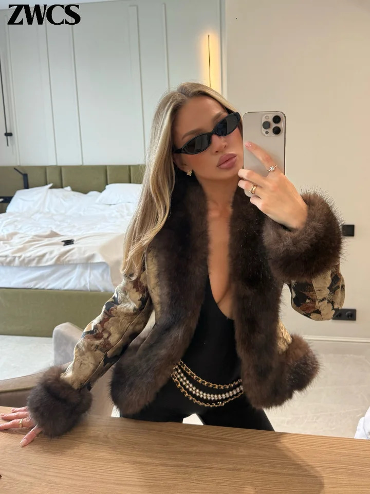 Fashion Printed Faux Fur Splicing Jacket 2026 Autumn Winter Vneck Slim Waist Cinched Full Sleeve Cropped Coat Womens Outwear 261016