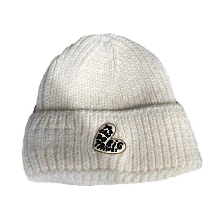 2024 Heart Letter Thickened Couple Knit Hat for Women, Autumn and Winter Versatile Warm Ear Protection Knitted Hat, Face Slimming Milky White