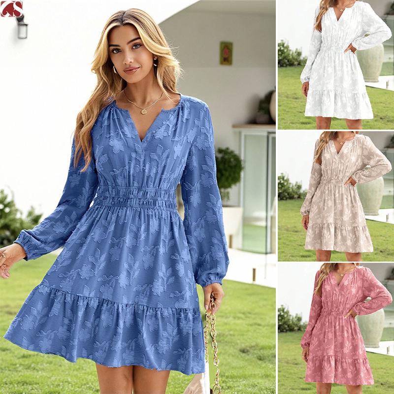 Robe trapèze en Jacquard pour femmes, col en V, manches longues, à volants, courte, taille élastique, pull décontracté
