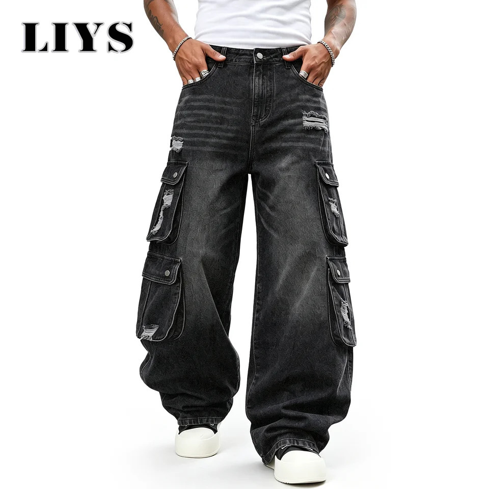 LIYS Men Retro Black Wash Multi Pocket Cargo Jeans Ripped Baggy Wide Leg Y2K Streetwear Denim Pants Tactical Loose Trousers 261017