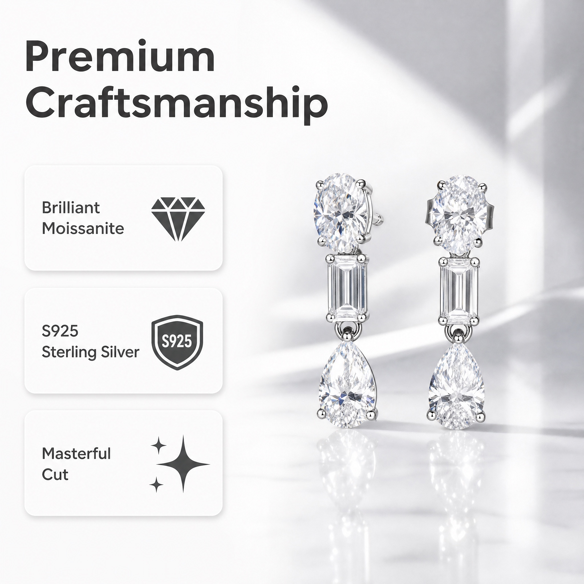 S925 Silver Vvs Oval 3*5mm Emerald 4*6mm Pear Moissanite Three-Stone Light Luxury Evening Dress Earrings