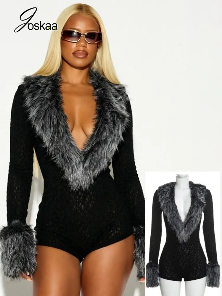 Joskaa Faux Fur Collar Romper Women Sexy Deep V Neck Fluffy Cuff Long Sleeve Back Zipper Bodycon Playsuit Nightclub Party Outfit 261016